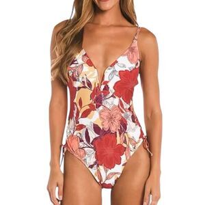 Mynah Floral One Piece Swimsuit Size XXL Plunge V Neck Tie Back Rust Pink Yellow